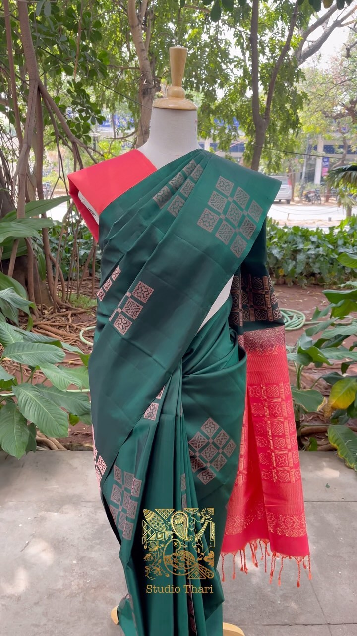 Soft silk saree(GREEN WITH PEACH) - Studio Thari